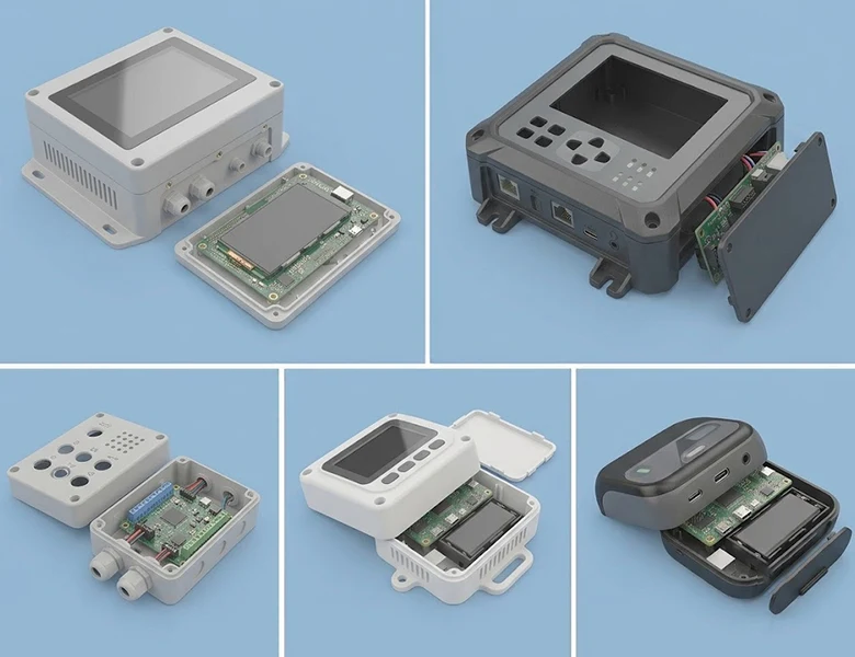 Custom plastic enclosure casing with integrated screen bezel for control display panels