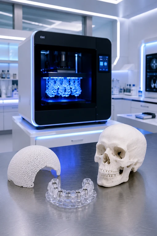 Advanced 3D printing system producing intricate medical structures representing the future of healthcare manufacturing
