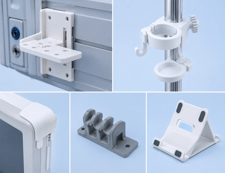 Hospital-specific 3D printed accessories including brackets, mounts, and panels for day-to-day equipment use