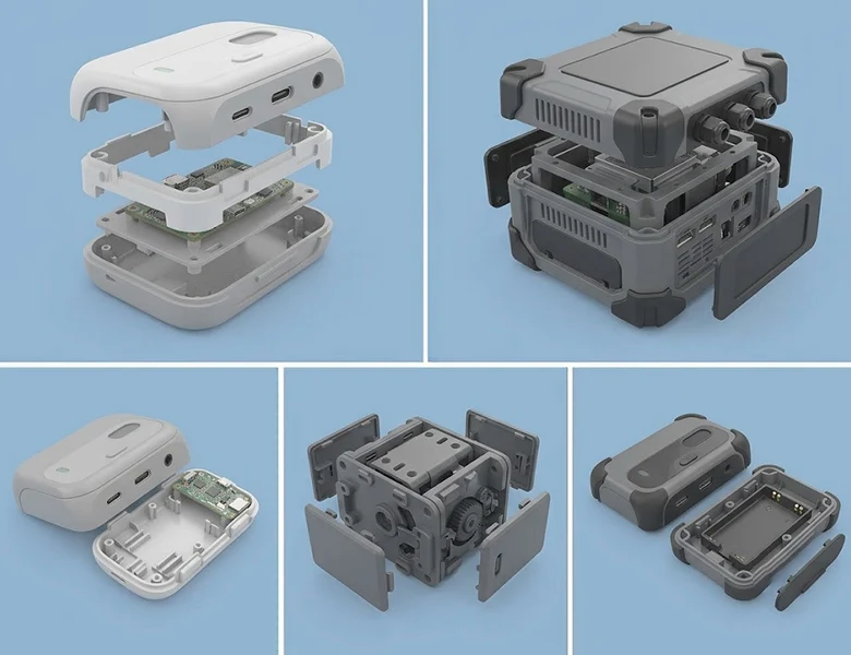 Complex multi-part plastic enclosure prototype assembly with interlocking mating features