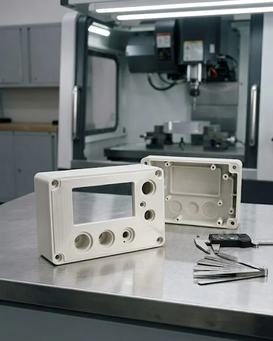 CNC machined custom plastic housing component with tight tolerances and durable finish