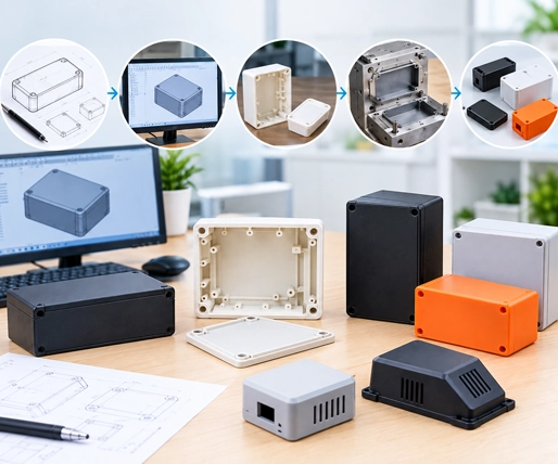 End-to-end plastic enclosure prototyping workflow diagram from CAD design to production