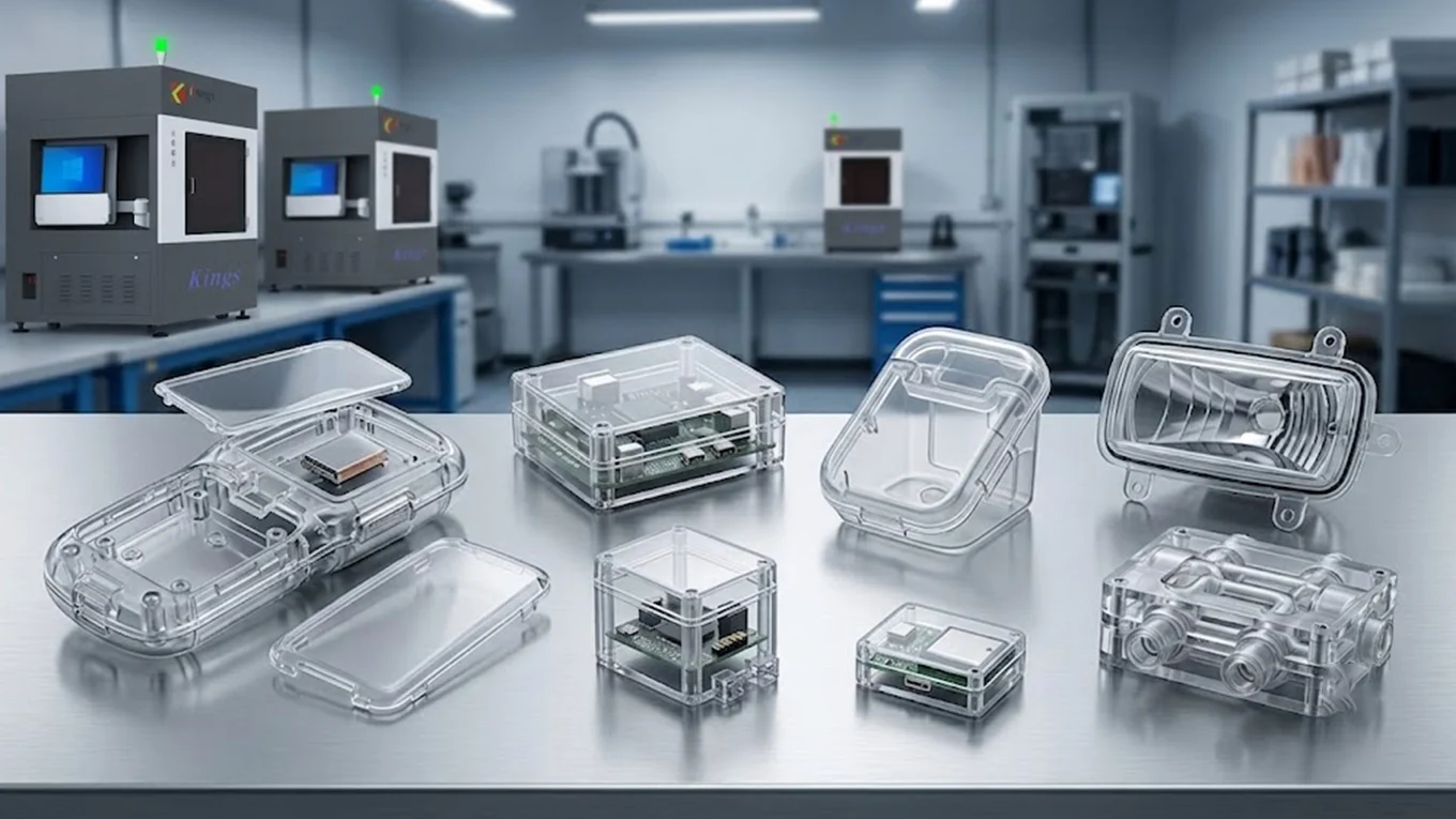Clear transparent SLA 3D printed prototype enclosures and parts on display in a lab setting