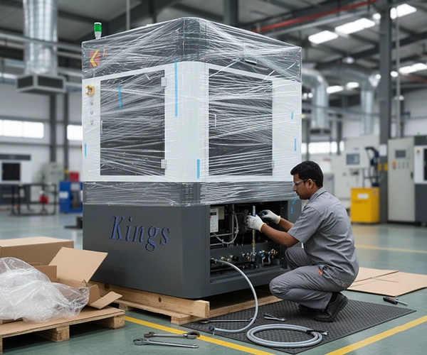 Installation and setup process of an industrial SLS 3D printer inside a professional manufacturing facility